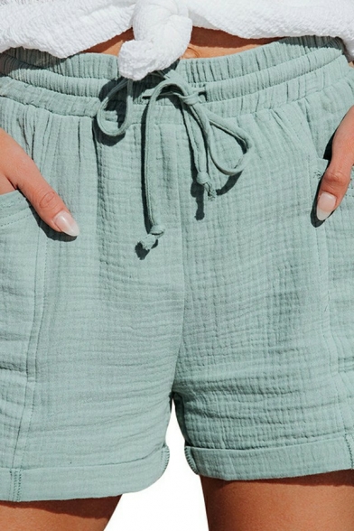 Simple Women Shorts Solid Color Pocket Detail Drawstring Waist Turn up Shorts