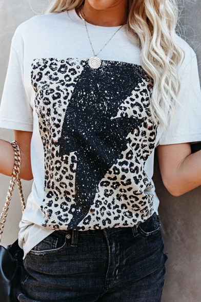 Trendy Womens Tee Top Leopard Pattern Round Neck Sequined Detail Short Sleeve T-Shirt