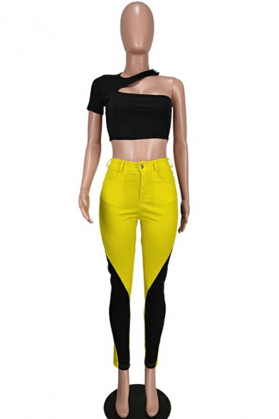 Chic Womens Co-ords Color Block One Shoulder T-Shirt Zipper Fly Skinny Pants Two Piece Set