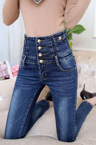 Cool Ladies Jeans Whole Colored High Waist Button Front Skinny Pocket Jeans