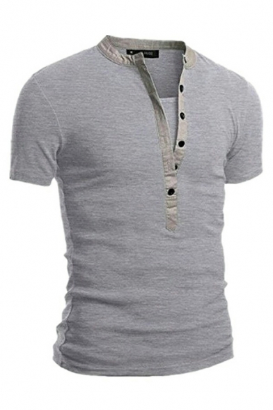 Cool Tee Top Pure Color Short Sleeves Henley Collar Slim Fitted Button Tee Shirt for Men