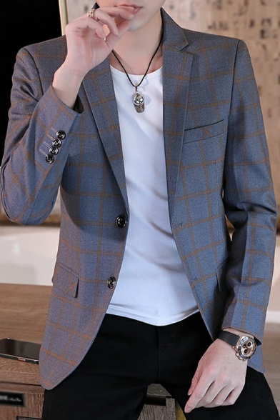 Cozy Mens Blazer Plaid Print Pocket Long Sleeve Fitted Lapel Collar Double Buttons Blazer
