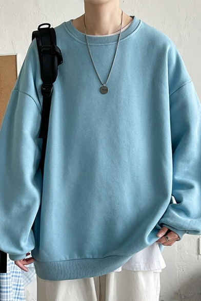 Dashing Men's Sweatshirt Plain Long-Sleeved Loose Fit Round Collar Pullover Sweatshirt