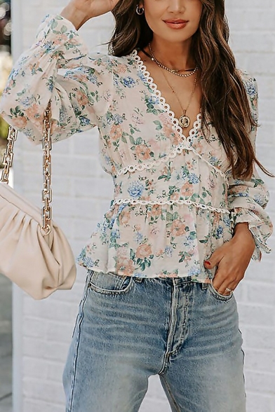 Designer Blouse Floral Printed V-Neck Long Sleeves Lace Pleated Chiffon Blouse for Women