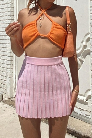 Designer Skirt Solid Color Pleated Sheath Mini Skirt for Ladies