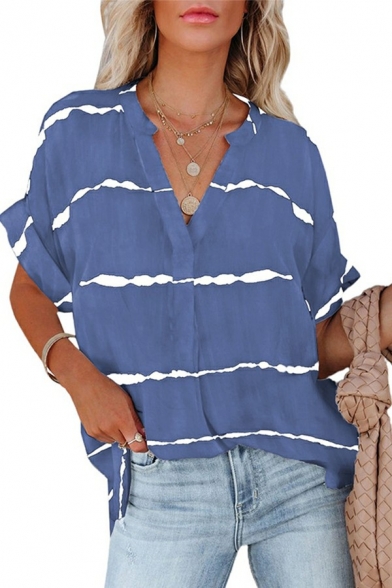 Edgy Women Shirt Solid Button down V-neck Short-sleeved Regular Pleated Detail Shirt