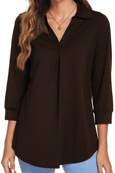 Fashionable Shirt Plain 3/4 Length Sleeves V-neck Pleated Design Shirt for Ladies