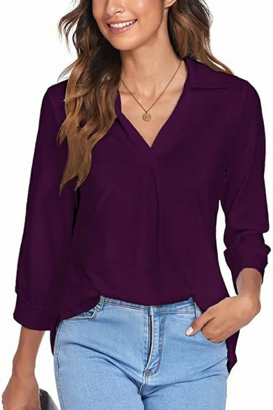 Fashionable Shirt Plain 3/4 Length Sleeves V-neck Pleated Design Shirt for Ladies