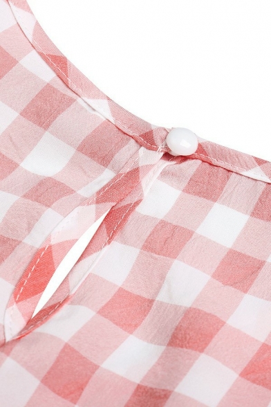 Fashionable Women Tee Shirt Plaid Pattern V-Neck Cap Sleeve Ruffles Detail T-Shirt
