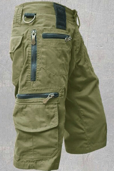 Guy's Unique Shorts Plain Mid Rise Zip Pocket Knee Length Regular Zipper Cargo Shorts
