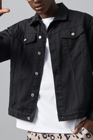 Guys Novelty Jacket Whole Colored Pocket Spread Collar Long-sleeved Regular Denim Jacket