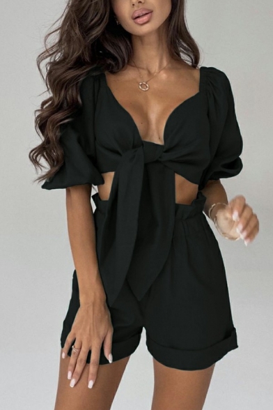 Ladies Freestyle Co-ords Solid Half Balloon Sleeve Tie Front Cropped Shirt Ruffle Shorts Set