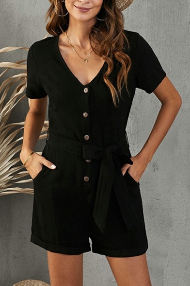 Leisure Ladies Rompers Plain V-Neck Short Sleeve Button Detail Tie-Front Rompers