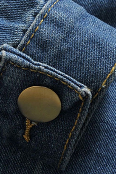 Men Fancy Denim Jacket Solid Color Turn-down Collar Distressed Button up Denim Jacket