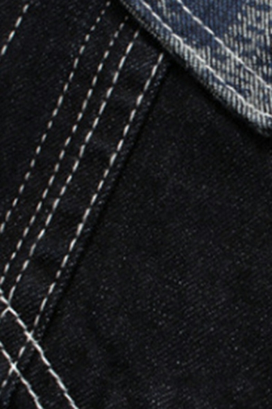Men Stylish Jacket Color Block Chest Pocket Spread Collar Button Closure Denim Jacket