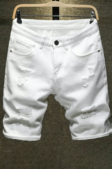 Men Vintage Shorts Plain Pocket Mid Rise Distressed Detail Fitted Zip Closure Shorts