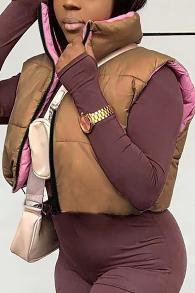 Modern Women Vest Contrast Color Pocket Stand Collar Regular Sleeveless Zip Fly Crop Vest