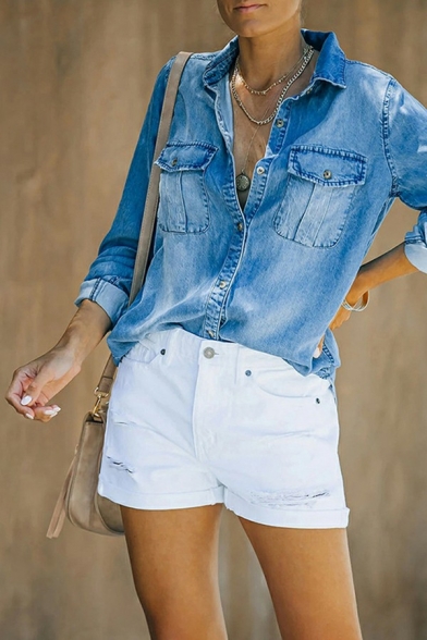 Popular Women Shorts Solid Color Distressed Detail Mid Waist Zip Fly Turn up Denim Shorts