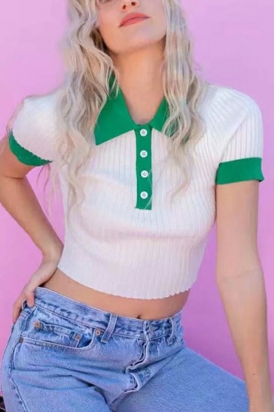 Retro Women's Crop Polo Shirt Button Color Block Spread Collar Short Sleeve Polo Shirt