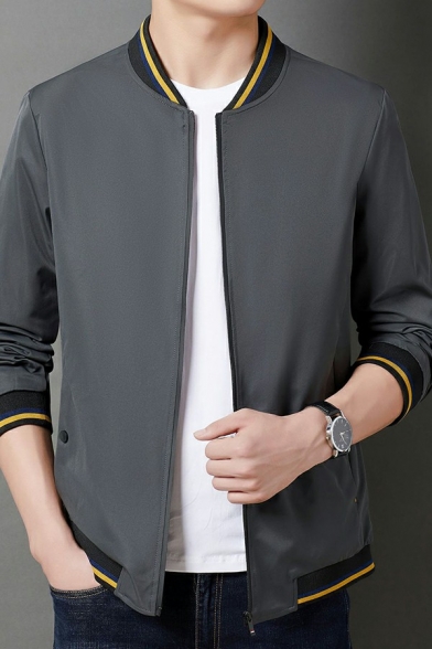 Trendy Men Jacket Contrast Stripe Pocket Stand Collar Fitted Zipper Bomber Jacket