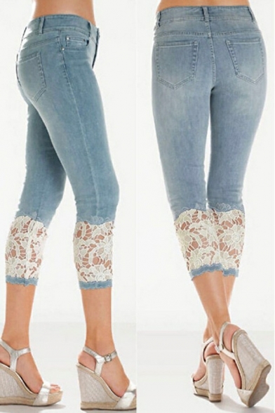 Basic Women's Jeans Plain Lace Detail Mid Waist Pocket Skinny Zip Closure Jeans