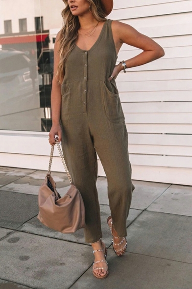 Casual Womens Jumpsuits Solid Strap Sleeveless V Neck Button Down Pocket Jumpsuits