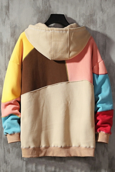 Chic Boy's Hoodie Color Block Drawstring Hooded Pocket Design Regular Long Sleeve Hoodie