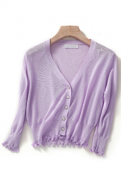 Chic Women's Knit Top Solid Color Lace Detailed Button Closure Long Sleeve V Neck Knit Top