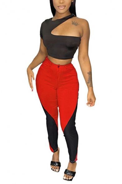 Chic Womens Co-ords Color Block One Shoulder T-Shirt Zipper Fly Skinny Pants Two Piece Set