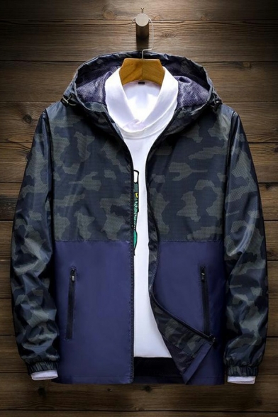 Cool Guys Jacket Camouflage Print Pocket Long-Sleeved Hooded Regular Zip Down Jacket