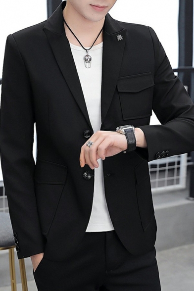 Fancy Blazer Solid Color Lapel Collar Single Button Long-sleeved Pocket Blazer for Men