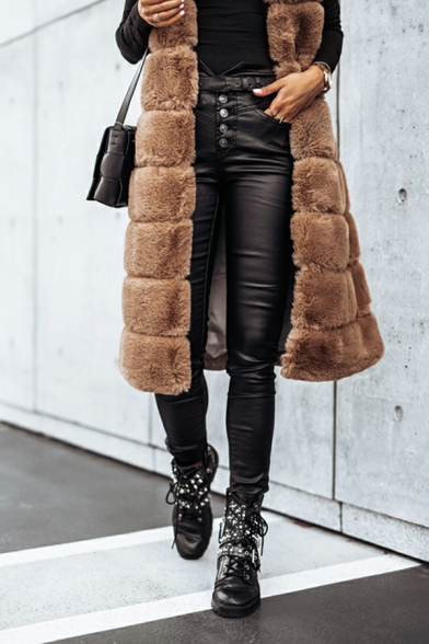Fashionable Women Vest Pure Color Faux Fur Sleeveless Open Front Midi Gilet