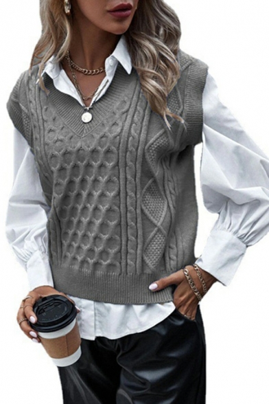 Ladies Smart Vest Pure Color V-Neck Regular Ribbed Hem Cable Knit Vest