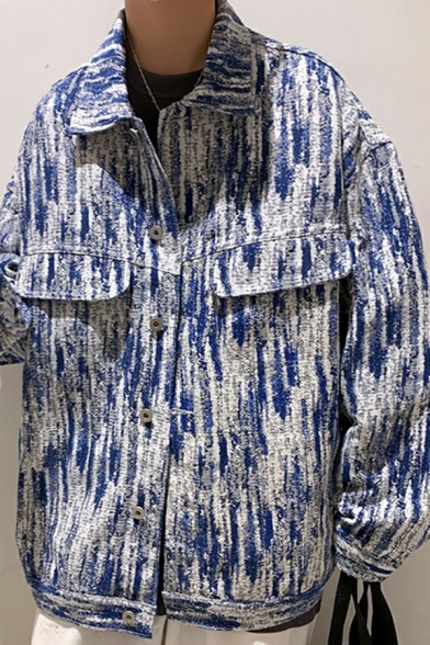 Men Boyish Jacket Tie Dye Printed Spread Collar Button Closure Pocket Baggy Denim Jacket