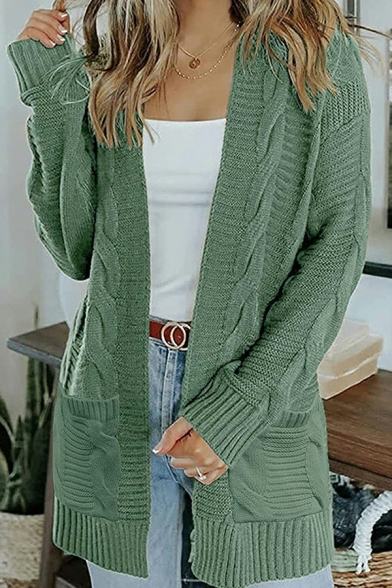 Modern Cardian Pure Color Open Front Long Sleeves Regular Cable Knit Cardian for Women