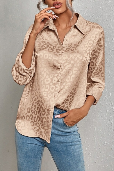 Modern Shirt Leopard Print Turn-down Collar Long Sleeves Button Closure Shirt for Girls