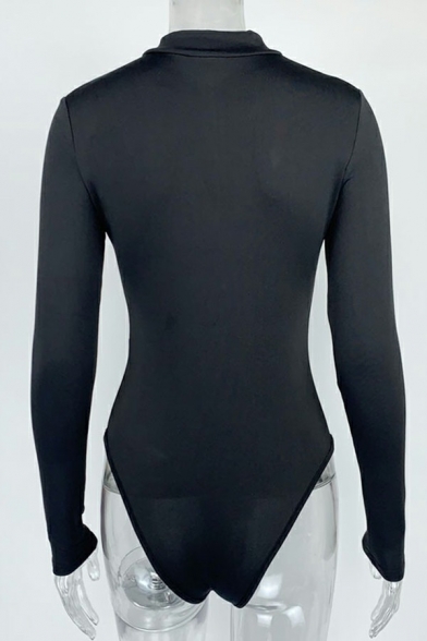 Popular Women Bodysuit Solid Half Zip down Stand Collar Long Sleeve Skinny Bodysuit