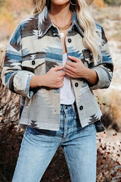 Retro Womens Jacket Geometric Print Turn-Down Collar Single Breasted Long Sleeve Jacket