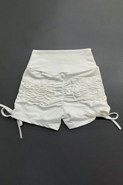 Women Cool Shorts Pure Color Shirred Pocket Ruched High Waist Shorts