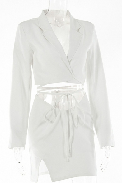 Women Stylish Suit Co-ords Solid Notched Lapel Criss Cross Blazer Slit Hem Short Skirt Set