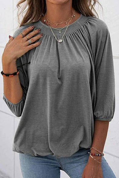 Casual Ladies T-Shirt Pure Color Round Neck Pleated Detail 3/4 Sleeve Regular T-Shirt