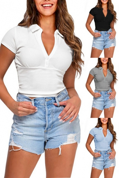 Chic Women's Crop Polo Shirt Plain Button Placket V Neck Short Sleeve Polo Shirt