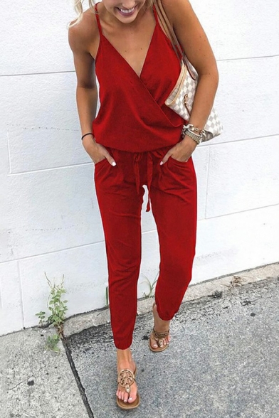 Cool Women's Jumpsuits Solid Color Drawcord Spaghetti Strap Pocket V-Neck Jumpsuits