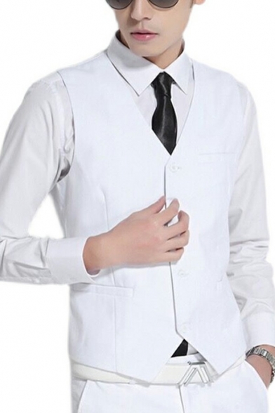 Dashing Guys Suit Vest Whole Colored V-Neck Button Closure Front Pocket Slim Suit Vest