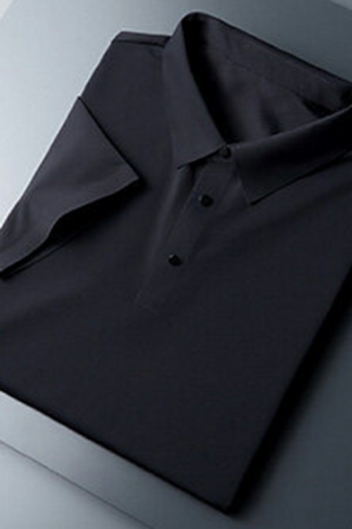 Edgy Polo Shirt Solid Color Regular Point Collar Short Sleeves Button Polo Shirt for Men