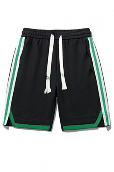 Fashionable Guys Shorts Stripe Printed Elastic Waist Pocket Detail Split Hem Drawcord Shorts