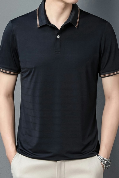 Guy's Modern Polo Shirt Stripe Pattern Button down Short Sleeve Spread Collar Polo Shirt