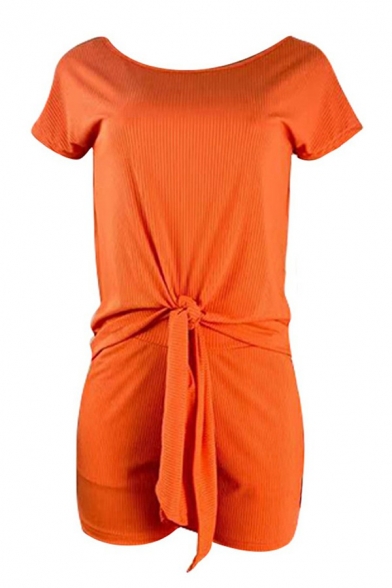 Hot Women's Co-ords Pure Color Short Sleeve Boat Neck T-Shirt Pocket Shorts Set