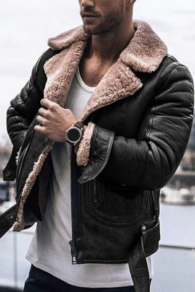 Leisure Leather Fur Jacket Pure Color Lapel Collar Full Zipper Leather Fur Jacket for Men
