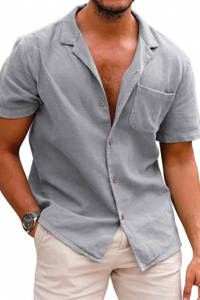 Men Novelty Shirt Pure Color Chest Pocket Notched Collar Short-sleeved Button down Shirt